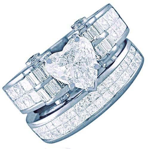 Heart Shape Bridal Set with Princess Cut & Baguette Shape Side Diamonds